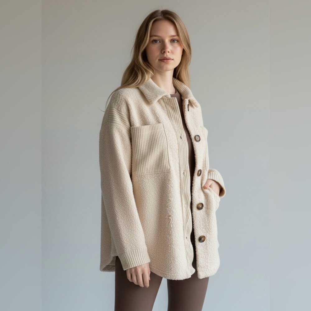 Bluenotes Small Ivory Corduroy Trim Sherpa Shirt Jacket Oversized Shacket